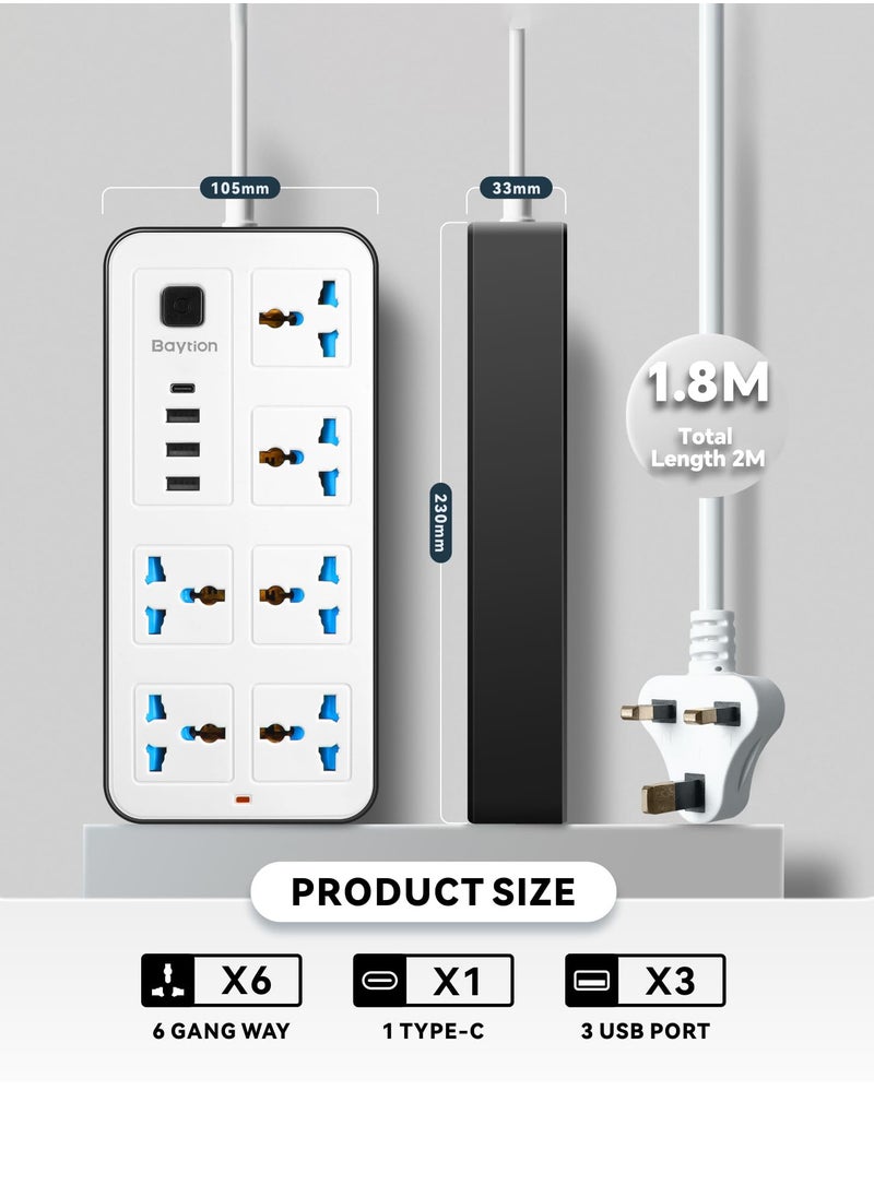 Arabest Universal Extension Lead with Multiple Function,UK Plug 3 Pin Socket Outlet with 6 Gang | 3 USB Port | 1 Type-C Port,1.8M Electric Socket Mains Strip for Home,Kitchen,and Office  - Image 2