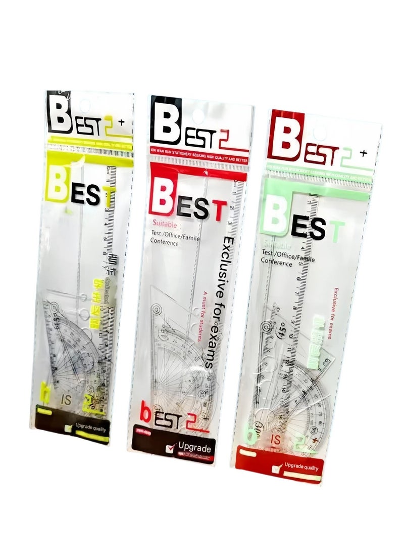 بست مجموعة من 3 قطع (12 قطعة) من أدوات الرياضيات البلاستيكية الشفافة تتضمن مسطرة مثلثية ومستقيمة ومسطرة شفافة وأداة قياس للمدرسة والمكتب والمنزل (شفافة) - Image 1