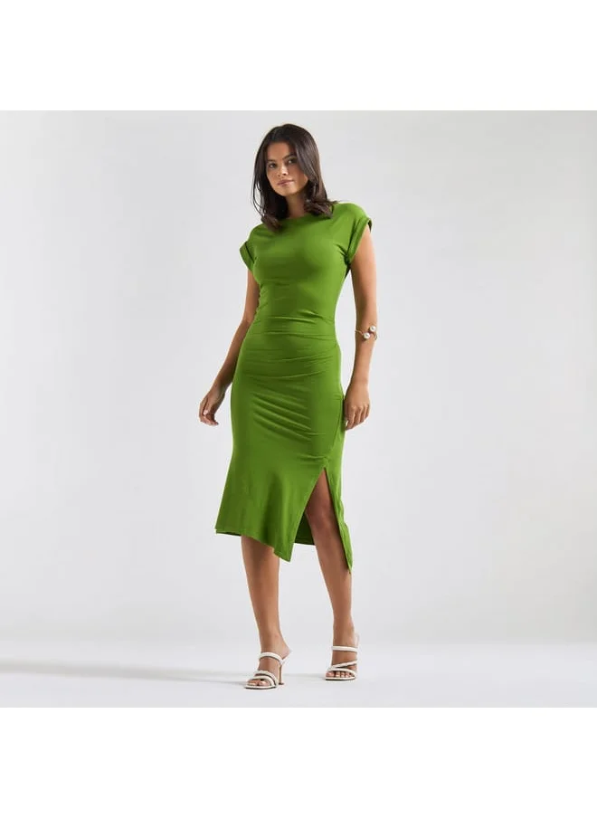 FAV Solid Bodycon Midi Dress with Round Neck and Extended Sleeves