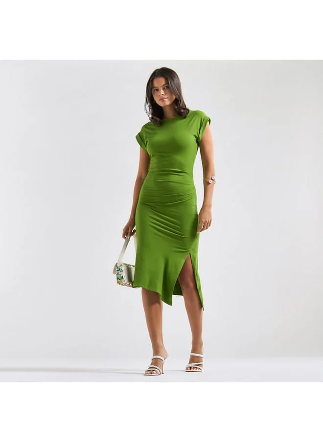 FAV Solid Bodycon Midi Dress with Round Neck and Extended Sleeves