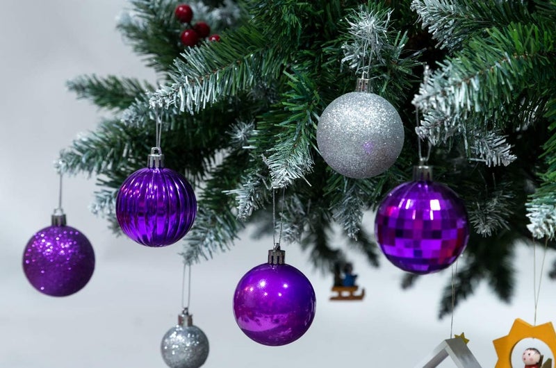 AUXO-FUN 28ct Shatterproof Christmas Ball Ornaments in 4 Classic Finishes for Christmas Tree Decoration (Purple, 2.36“ Regular Size) - Image 1