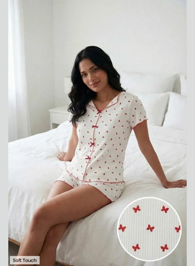 ليلا Lela Regular Fit Patterned V-Neck Shorts Pajama Set Women's PAJAMA SET 65770837