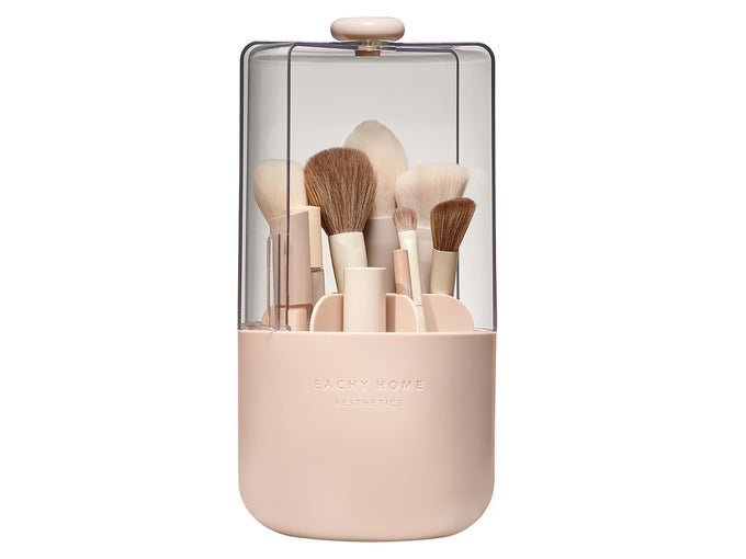 MAKEUP BRUSH HOLDER 360 ROTATING WITH DUSTPROOF LID WATERPROOF MATERIAL 7 COMPARTMENTS FOR ORGANIZED STORAGE STYLISH AND DURABLE DESIGN FOR VANITY PINK