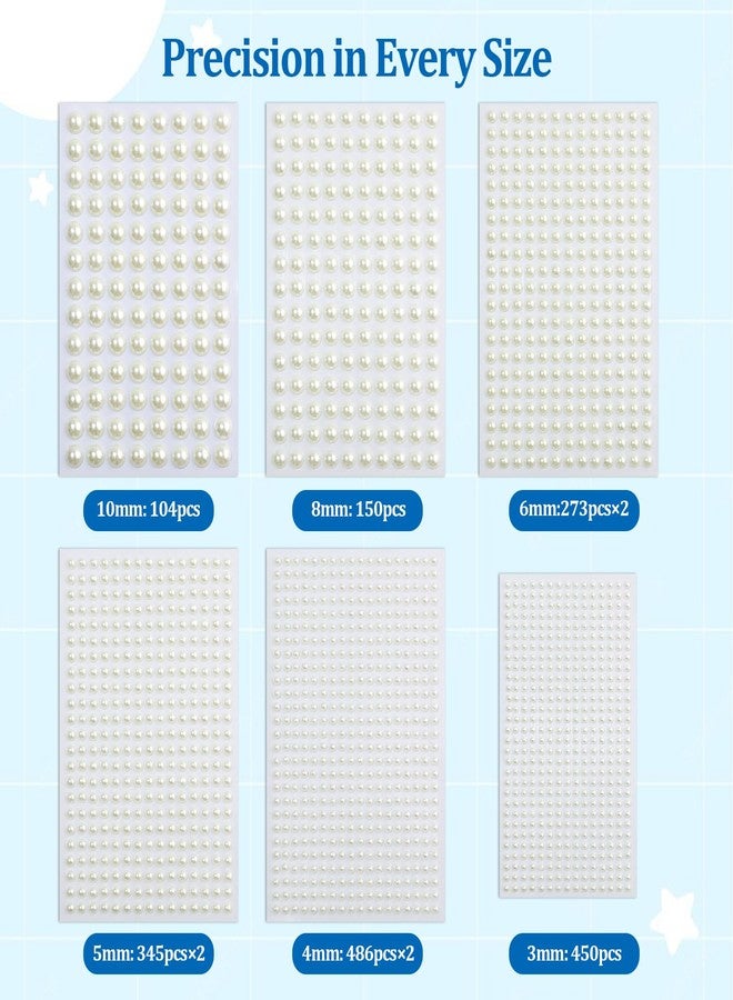 smrtcol 2912 pcs Self Adhesive Pearl Gems for Crafts Flat Back Pearl Stickers for Nails, Face, Body, Hair 6 Sizes (3-10mm) for DIY Art, Wedding Makeup, Scrapbooking - Image 2