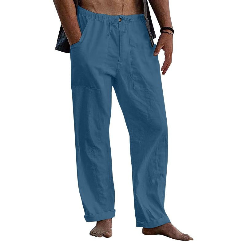 Generic 2022 Mens Linen Trousers Yoga Beach Loose Casual Summer Elastic Waist Drawstring Loose Pants with Pockets Sky Blue 