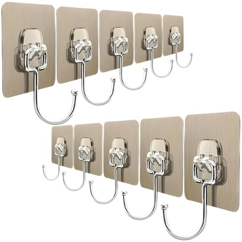 REWOP Adhesive Wall Hooks for Heavy Items Stainless Steel, PVC, ABS Nail Free Seamless Adhesive Non-Trace No Drilling Installation Hanging, Waterproof Screws Wall Hook (Golden Big Hooks, 10) - Image 1