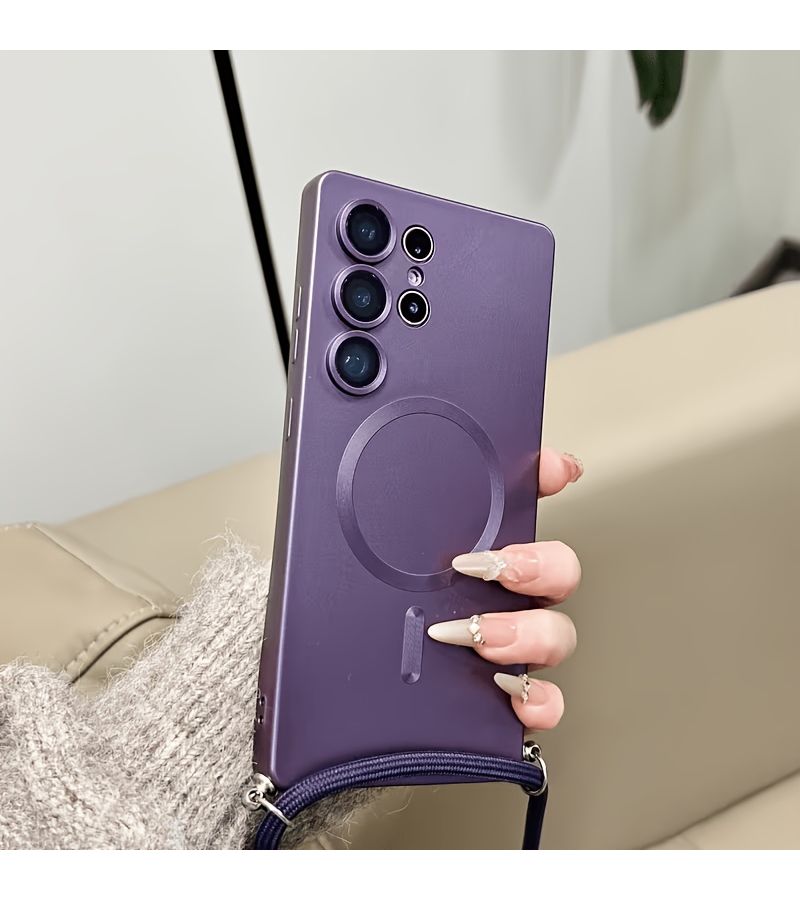 Pink Magnetic Metal Paint Strap Phone Case For Samsung Galaxy S21 Ultra 5G Simple Stylish Diagonal Lens Protection - Image 3