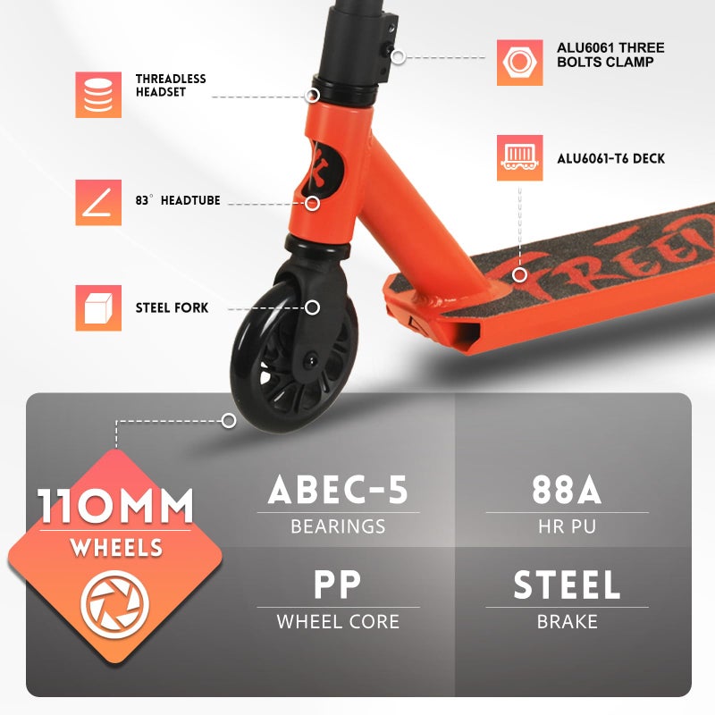 FREEDARE Pro Stunt Scooter for Kids & Teens 8 Years Old Above, Intermediate Riders, 110mm PU Wheels, Freestyle Kick Scooter for Tricks, Orange - Image 2