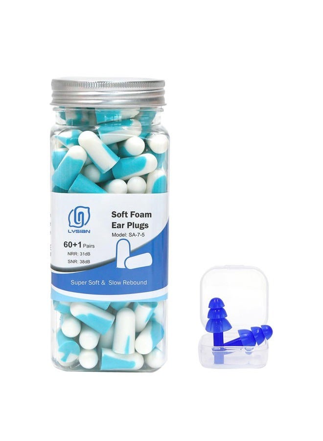 lysian Noise Cancelling Earplugs for Sleep - 60 Pairs, 38dB Disposable Ear Plugs for Sleeping, Snoring, Shooting, Mowing Loud Sound Reduction- Double Color Light Blue/White - Image 1