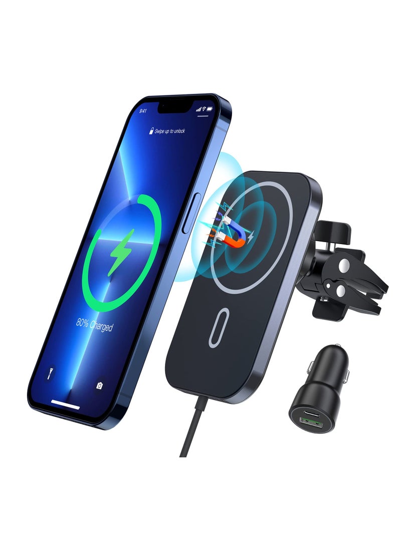 Excefore MagSafe Car Mount Charger, 360° Adjustable Magnetic Wireless Car Charger, Air Vent Magnetic Car Mount Phone Holder Charger Compatible with MagSafe iPhone 14 13 12 Series (with Car Adapter) - Image 1