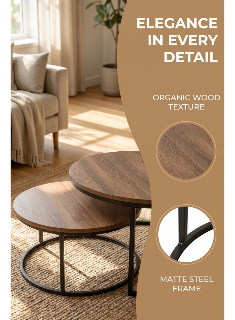 Round Coffee Table,Nesting Coffee Table Set of 2,Center Tables for Living Room,Office, Home Small Space,Stacking Side Tables,Sturdy and Easy Assembly,Wood Desktop,Walnut+Black,Large - Image 5