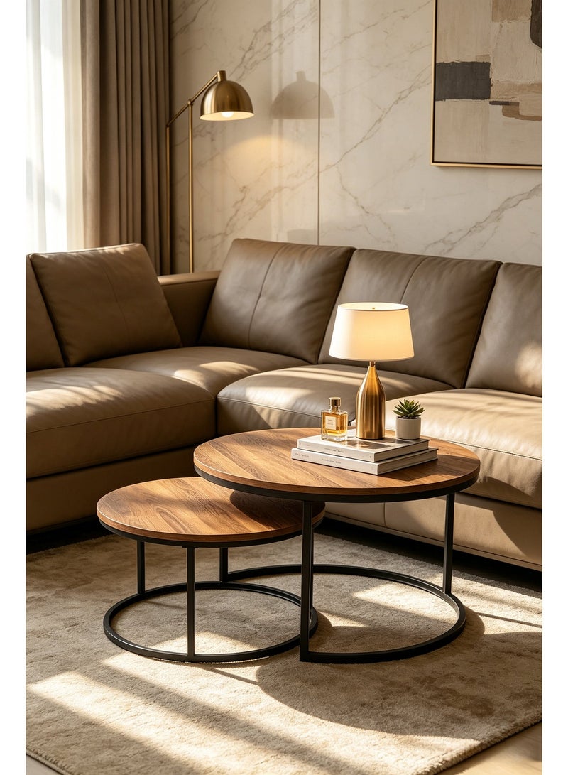 Round Coffee Table,Nesting Coffee Table Set of 2,Center Tables for Living Room,Office, Home Small Space,Stacking Side Tables,Sturdy and Easy Assembly,Wood Desktop,Walnut+Black,Large - Image 1