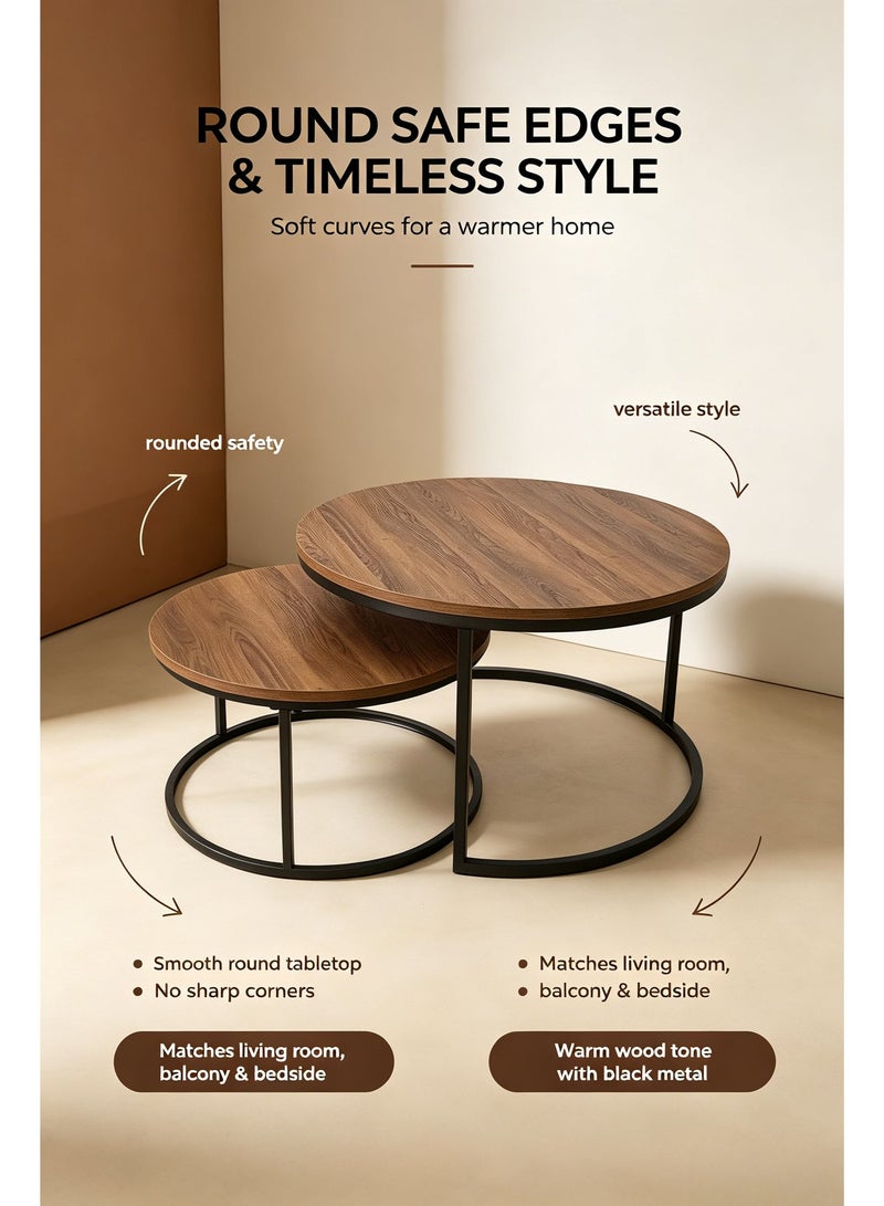 Round Coffee Table,Nesting Coffee Table Set of 2,Center Tables for Living Room,Office, Home Small Space,Stacking Side Tables,Sturdy and Easy Assembly,Wood Desktop,Walnut+Black,Large - Image 3