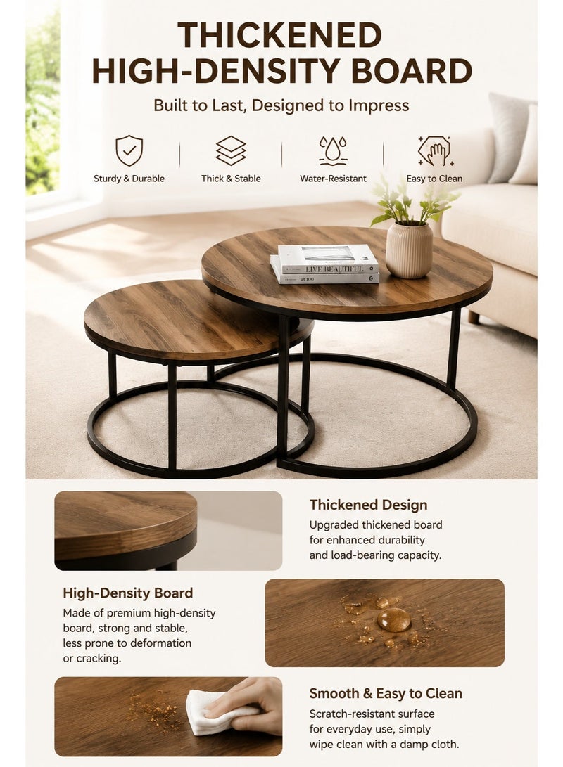 Round Coffee Table,Nesting Coffee Table Set of 2,Center Tables for Living Room,Office, Home Small Space,Stacking Side Tables,Sturdy and Easy Assembly,Wood Desktop,Walnut+Black,Large - Image 2