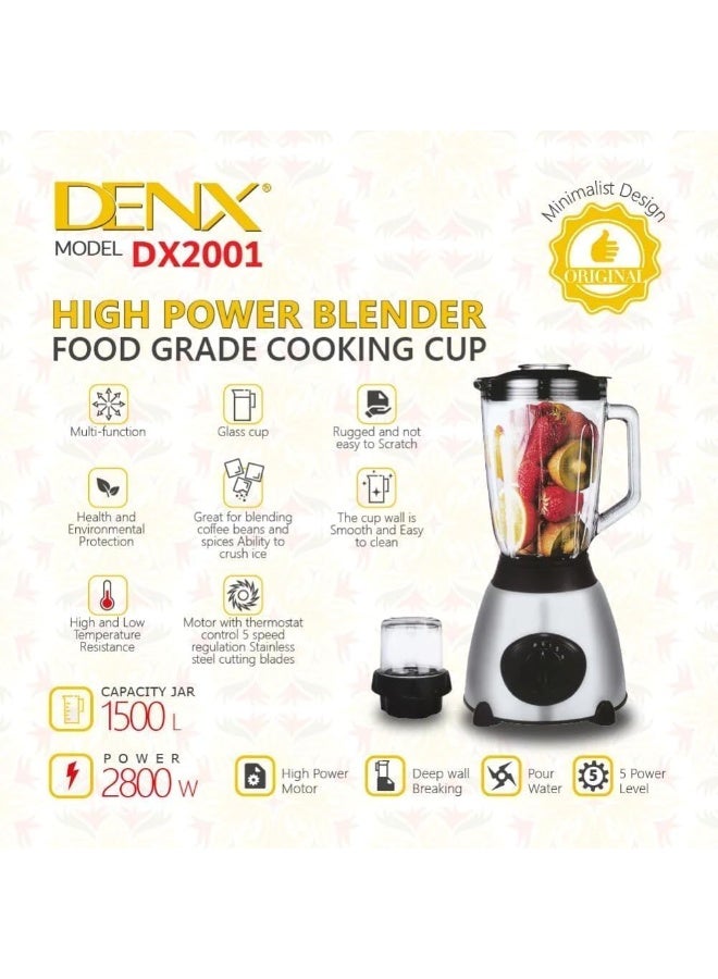 DENX DX2001 1.5L Stand Mixer & Electric Blender – 2800W High-Power Motor, 5 Speed Levels, Pulse & Ice Crush Function, Food-Grade Cup, Multifunctional Juicer & Smoothie Maker for Fruits & Ice - Image 5