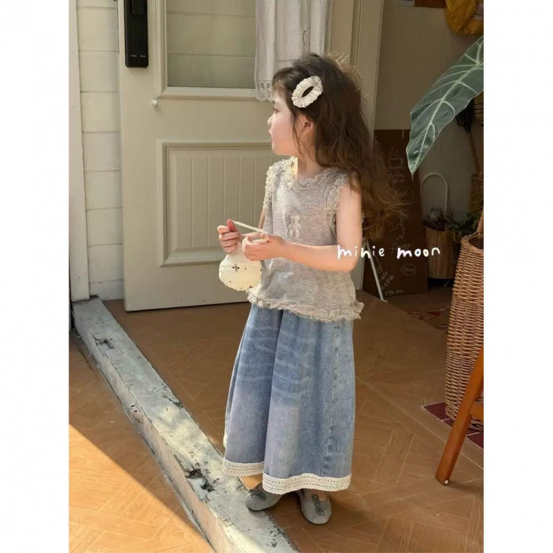 Fanma Children'S Clothing 2025 Spring And Style Girls' Bear Lace Vest Denim Wide-Leg Pants Long Pants Fashionable - Image 3