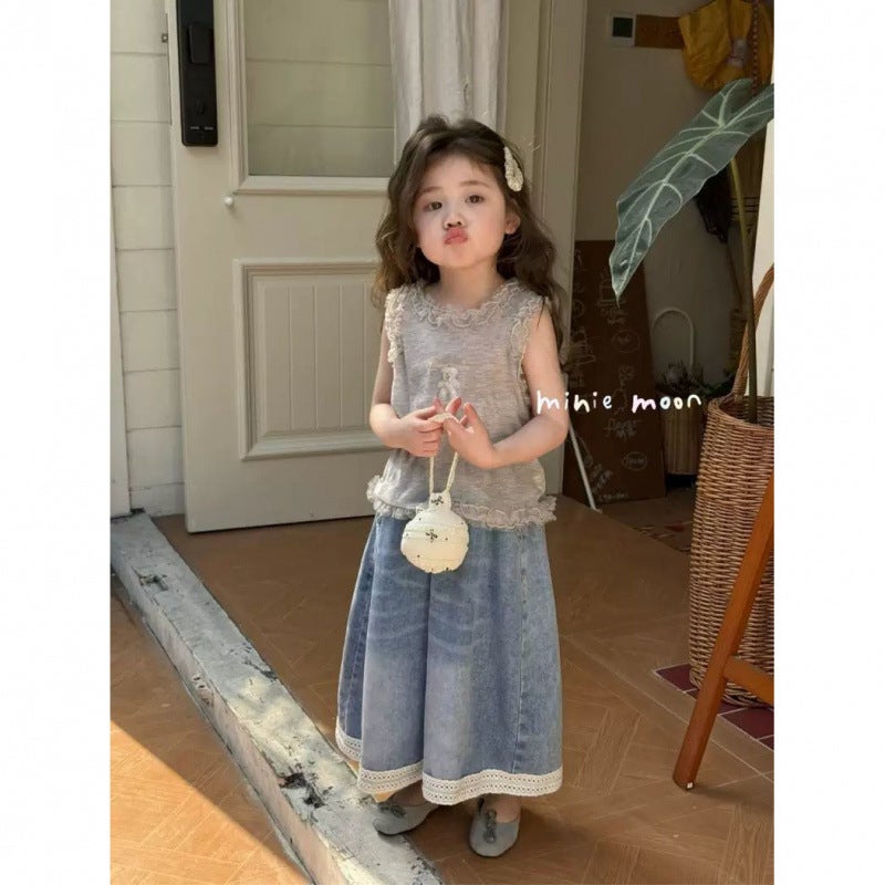 Fanma Children'S Clothing 2025 Spring And Style Girls' Bear Lace Vest Denim Wide-Leg Pants Long Pants Fashionable - Image 2