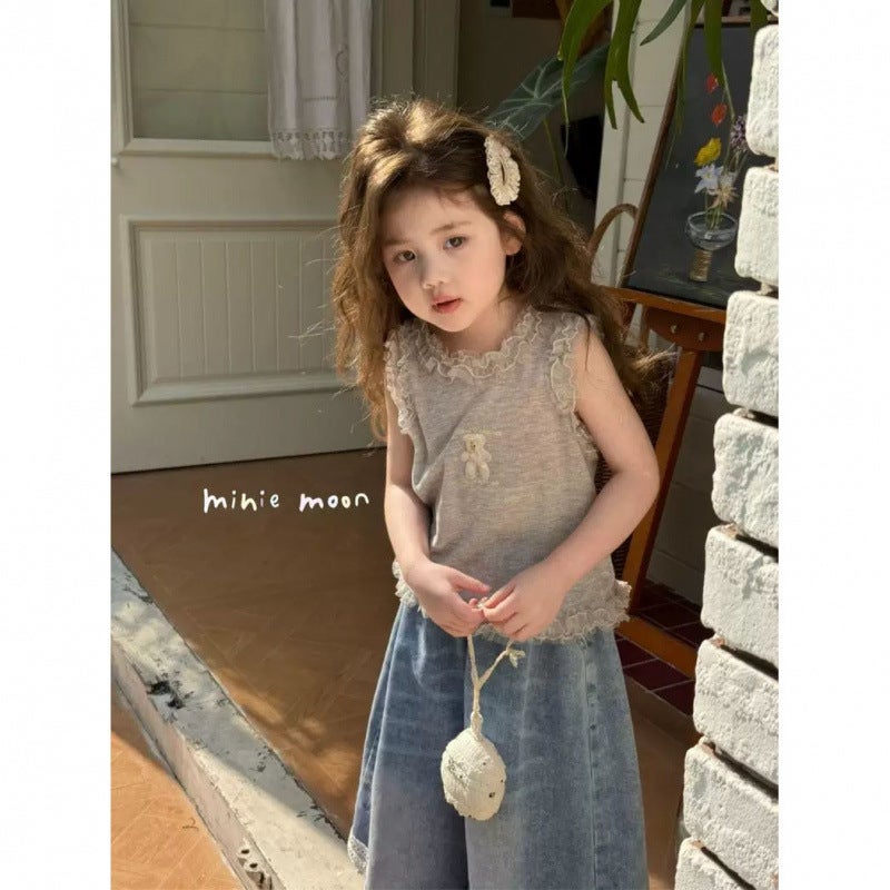 Fanma Children'S Clothing 2025 Spring And Style Girls' Bear Lace Vest Denim Wide-Leg Pants Long Pants Fashionable - Image 4