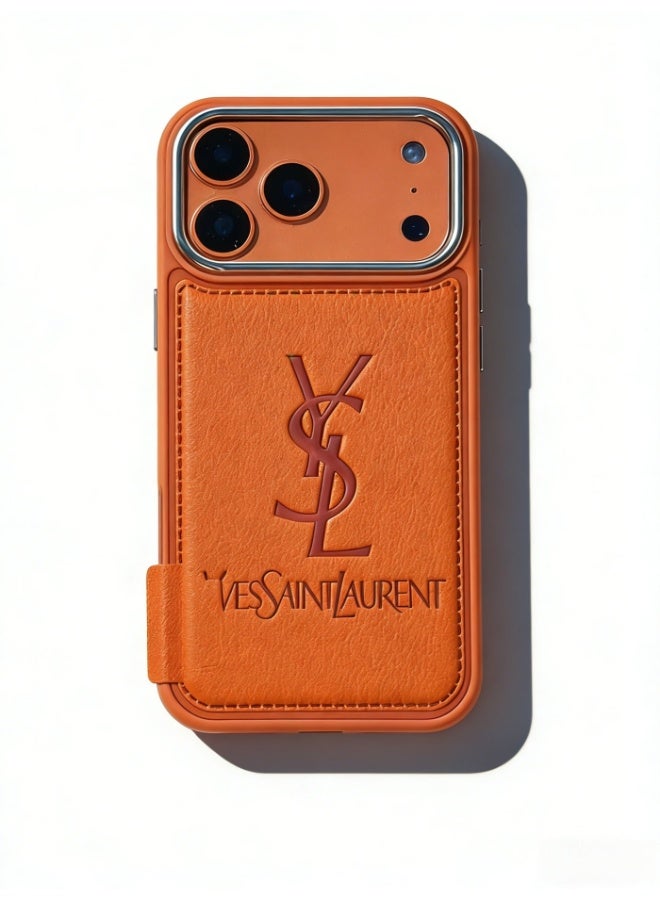 سانت لوران حالة حماية من الجلد البرتقالي لـ YSL مع مكان لبطاقة للهاتف iPhone 16-17 Pro Max - Image 5