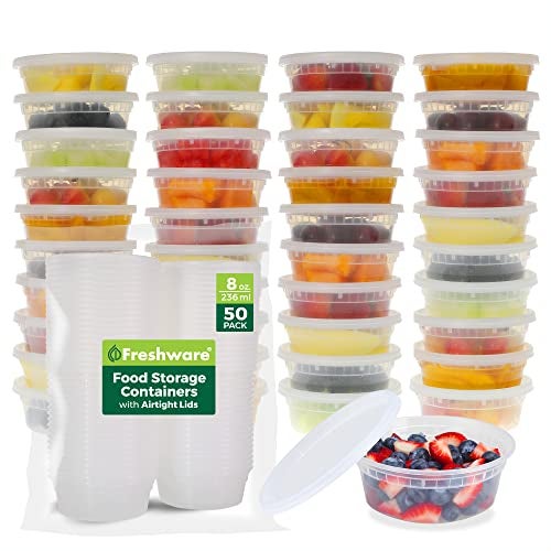 Freshware Food Storage Containers [50 Set] 8 oz Plastic Deli Containers with Lids, Slime, Soup, Meal Prep Containers | BPA Free | Stackable | Leakproof | Microwave/Dishwasher/Freezer Safe - Image 1