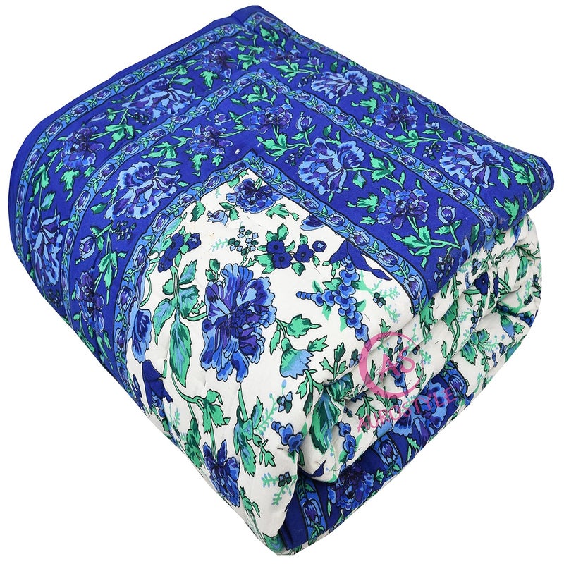 WORLDNEX 400 TC Pure Cotton Traditional Rajasthani Floral Design Printed Jaipuri QuiltRazaiRajai Light Weight Single Bed 60 x 90 Inch Design 10 - Image 1