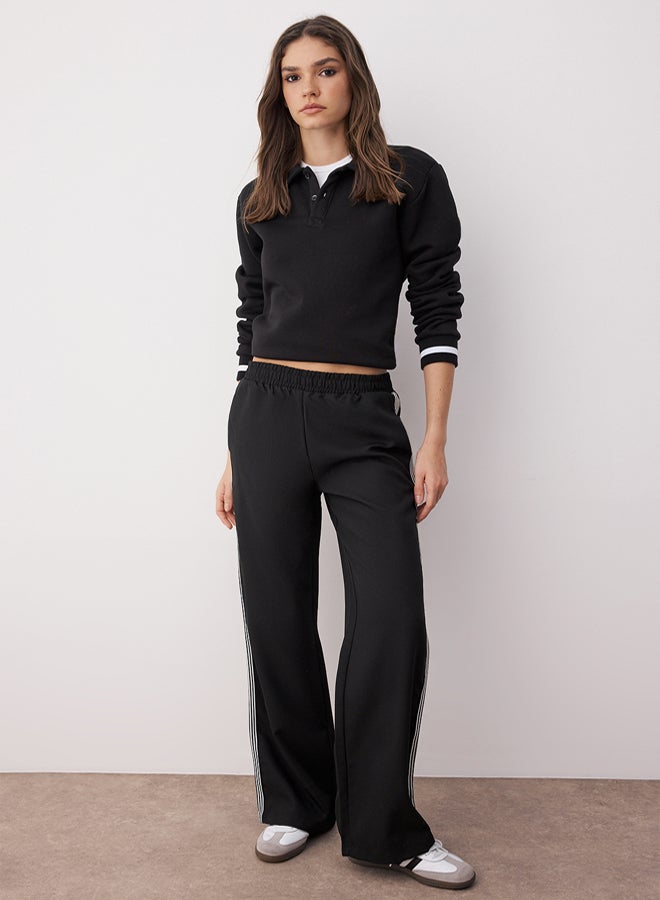 trendyol Black Side Stripe Detail Wide Leg/Wide Leg Pants with Elastic Waist - Image 2
