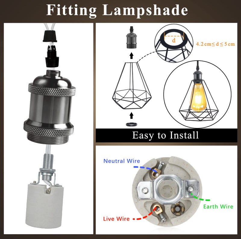 DiCUNO E26 Vintage Lamp Socket, Edison Pendant Light Socket Replacement, Antique Retro Hanging Lamp Holder for Industrial, Decorative, DIY Lighting, 600℃ Heat Resistant, 6 Packs (Color: Pearl Black) - Image 2