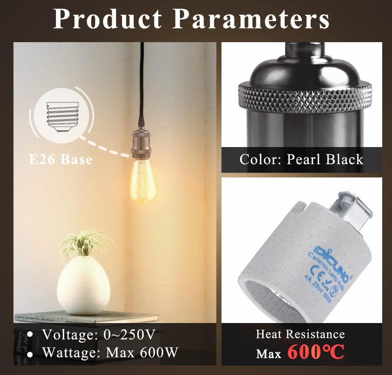 DiCUNO E26 Vintage Lamp Socket, Edison Pendant Light Socket Replacement, Antique Retro Hanging Lamp Holder for Industrial, Decorative, DIY Lighting, 600℃ Heat Resistant, 6 Packs (Color: Pearl Black) - Image 4