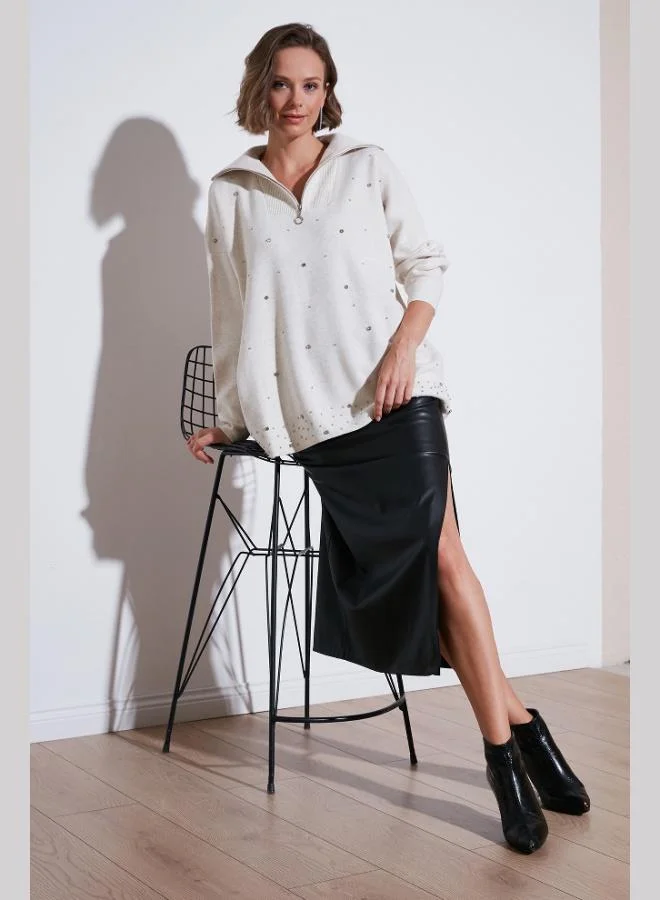 Lela Lela Half-Zip Collar Embellished Knit Sweater Women's SWEATER 4615219