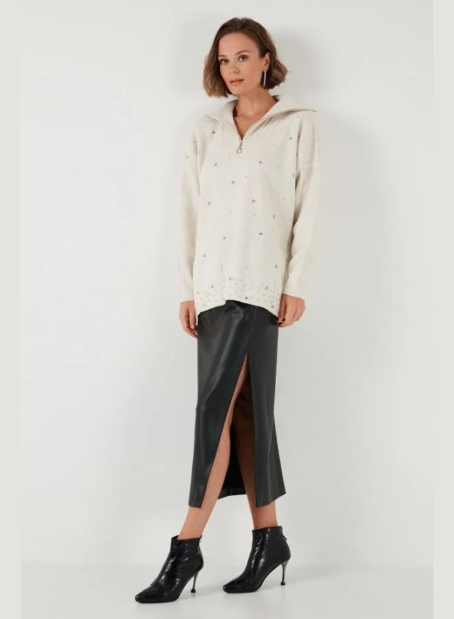 Lela Lela Half-Zip Collar Embellished Knit Sweater Women's SWEATER 4615219