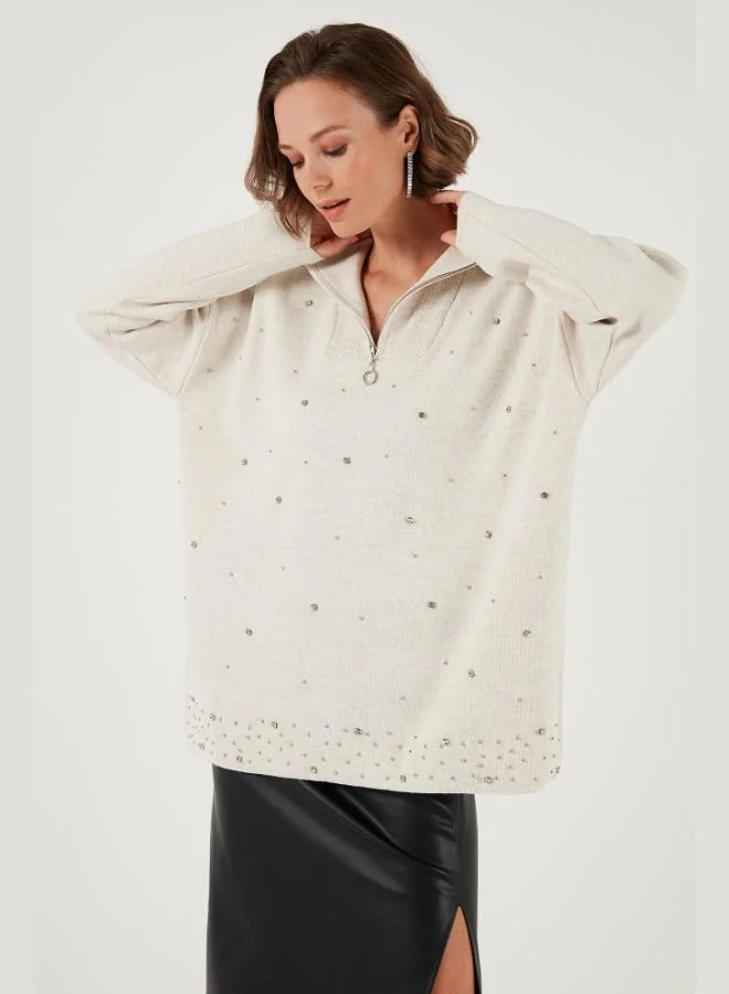 Lela Lela Half-Zip Collar Embellished Knit Sweater Women's SWEATER 4615219