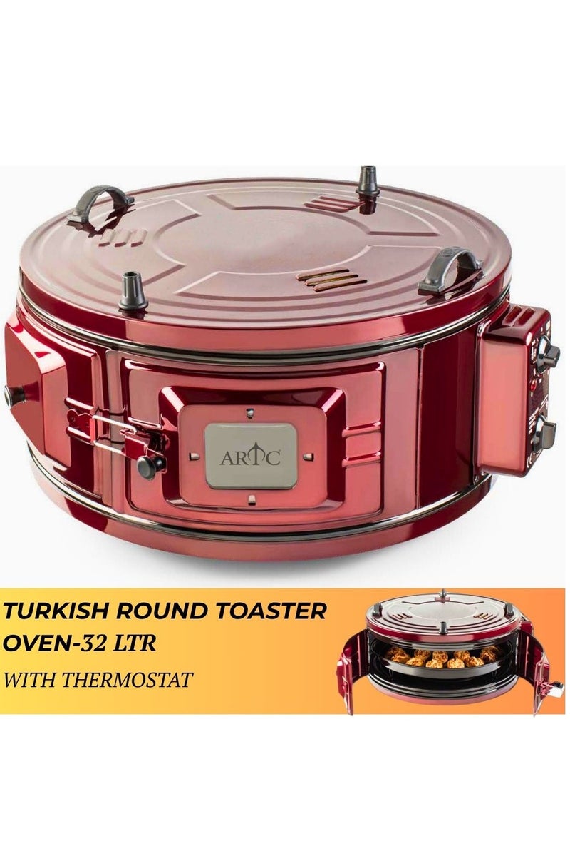 ARTC ARTC 32L Electric Turkish Round Oven – 1050W Roaster & Toaster with Thermostat & Timer | Insulated Aluminum Material Multi-Function Baking Oven & Cooker for Chicken, Bread, Pizza, Cakes, Frying, Roasting, Grilling, Broiling, Browning, Defrosting, Heating  – Red Portable Countertop Cooker with 3-Pin Plug - Image 1