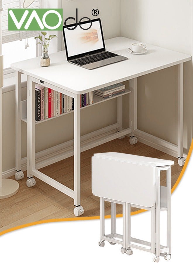 VAOdo Mobile Foldable Desk with Wheels and Storage Rack, Foldable Computer Desk, for Small Spaces Office Bedroom Living Room-Rustic 120*58CM - Image 1
