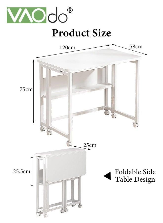 VAOdo Mobile Foldable Desk with Wheels and Storage Rack, Foldable Computer Desk, for Small Spaces Office Bedroom Living Room-Rustic 120*58CM - Image 3