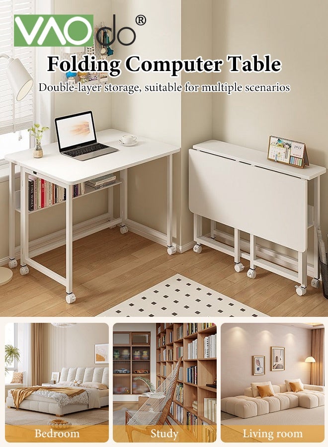 VAOdo Mobile Foldable Desk with Wheels and Storage Rack, Foldable Computer Desk, for Small Spaces Office Bedroom Living Room-Rustic 120*58CM - Image 2