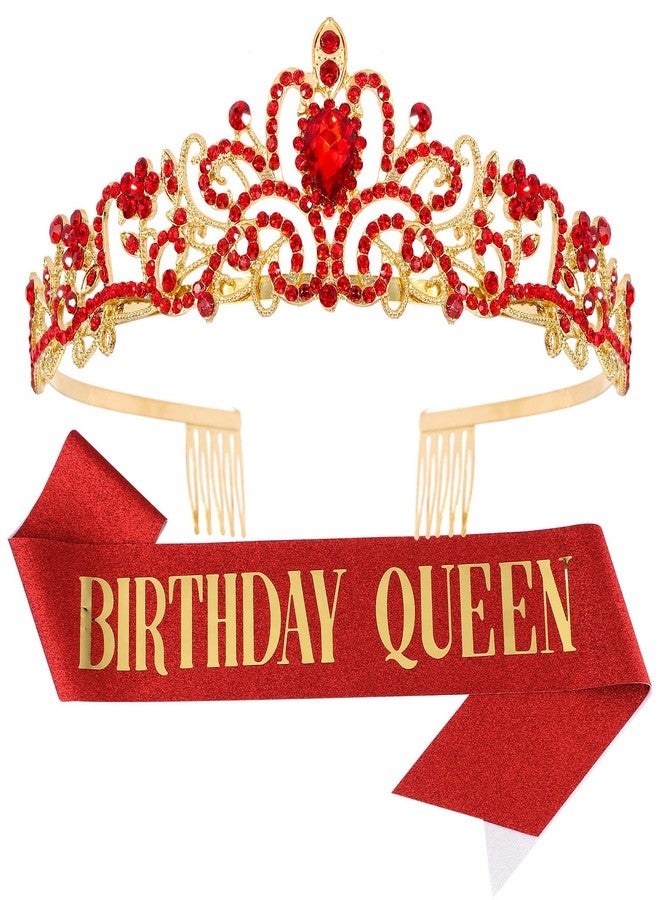 Velscrun Happy Birthday Queen Tiara Crowns for Women, Red Sash, Party Favors Supplies Gift, 30th Decorations, Stuff Accessories - Image 1