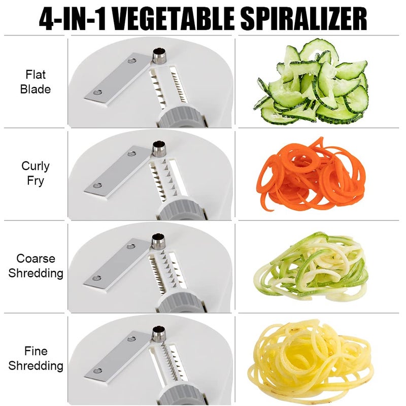 Badelite Vegetable Spiralizer 4-IN-1 Rotating Blade Veggie Spiralizer Zucchini Noodle Maker with Strong Suction Cup Spiral Vegetable Cutter Slicer - White - Image 2