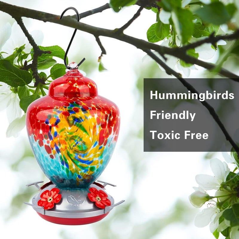 REZIPO Hummingbird Feeder with Perch - Hand Blown Glass - 38 Fluid Ounces Hummingbird Nectar Capacity Include Hanging Wires and Moat Hook (Half Red) - Image 4