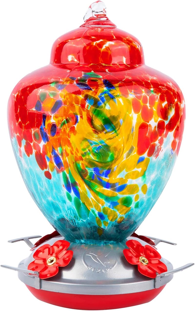 REZIPO Hummingbird Feeder with Perch - Hand Blown Glass - 38 Fluid Ounces Hummingbird Nectar Capacity Include Hanging Wires and Moat Hook (Half Red) - Image 1