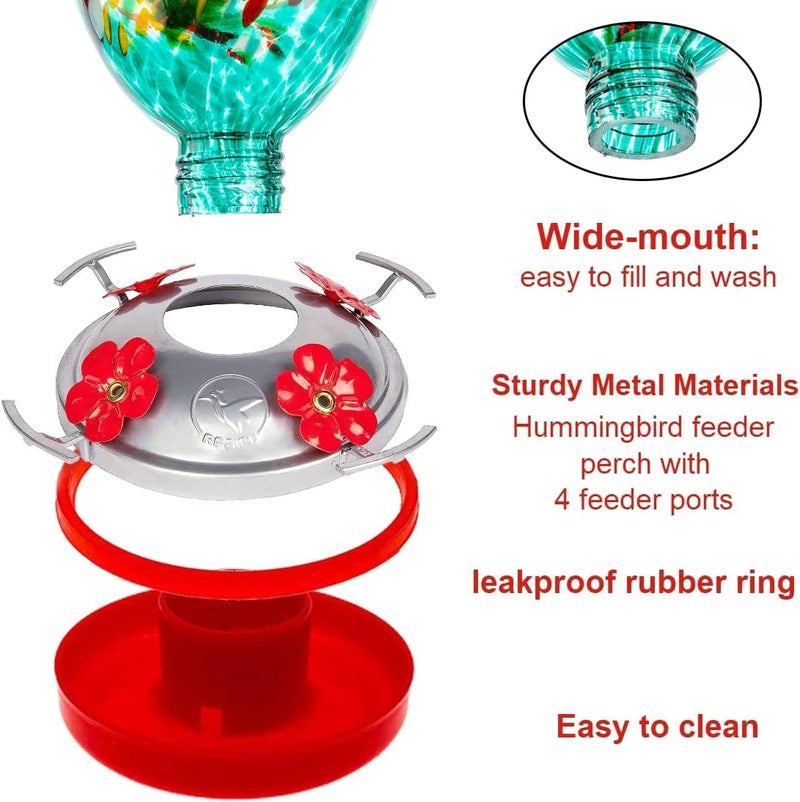 REZIPO Hummingbird Feeder with Perch - Hand Blown Glass - 38 Fluid Ounces Hummingbird Nectar Capacity Include Hanging Wires and Moat Hook (Half Red) - Image 3