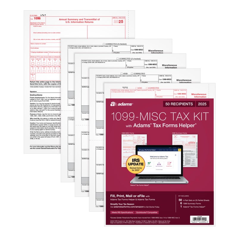 Adams 1099 MISC Forms 2025, 4-Part Kit for 50 Recipients, Includes 6 1096 Forms, QuickBooks Compatible, eFile Access and Printing Through Adams Tax Forms Helper Software (1017229) - Image 1