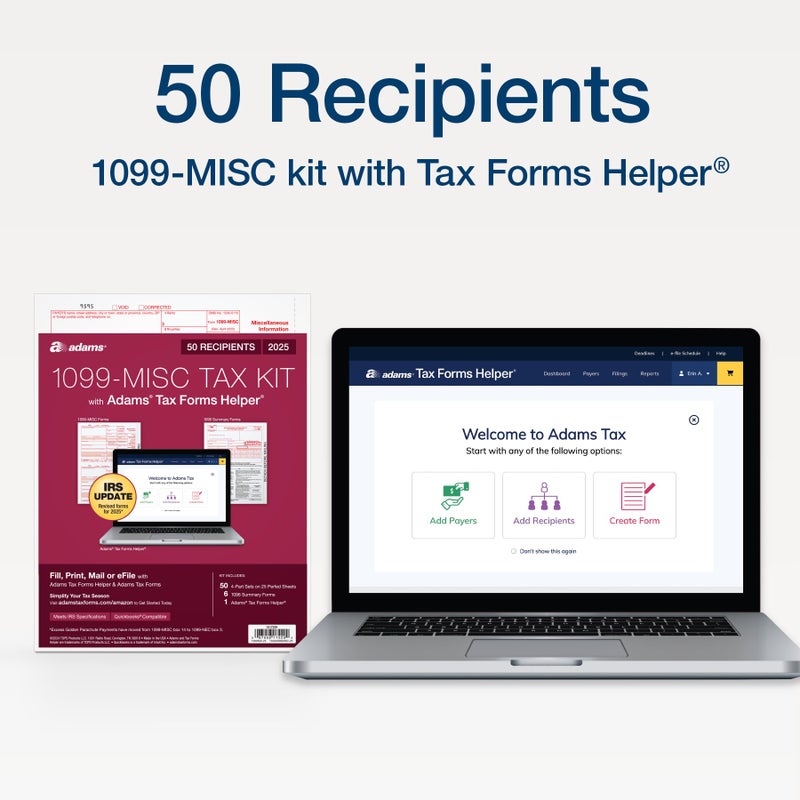 Adams 1099 MISC Forms 2025, 4-Part Kit for 50 Recipients, Includes 6 1096 Forms, QuickBooks Compatible, eFile Access and Printing Through Adams Tax Forms Helper Software (1017229) - Image 2