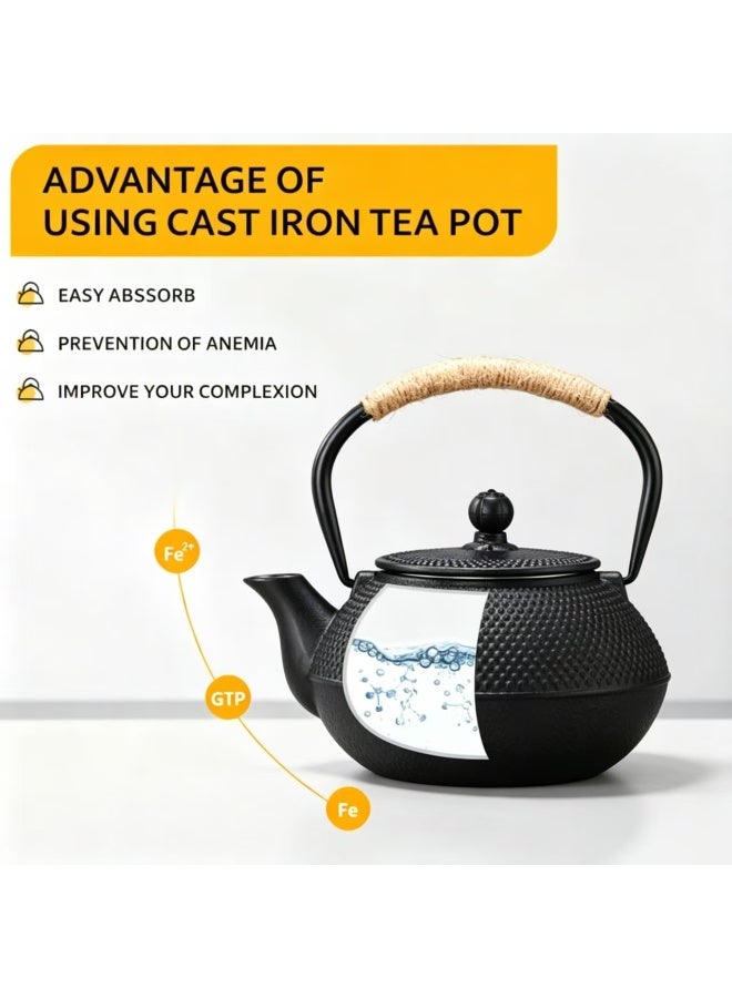 900ml Dotted Cast Iron Teapot with Stainless Steel Infuser and Hemp Rope Handle - Image 3