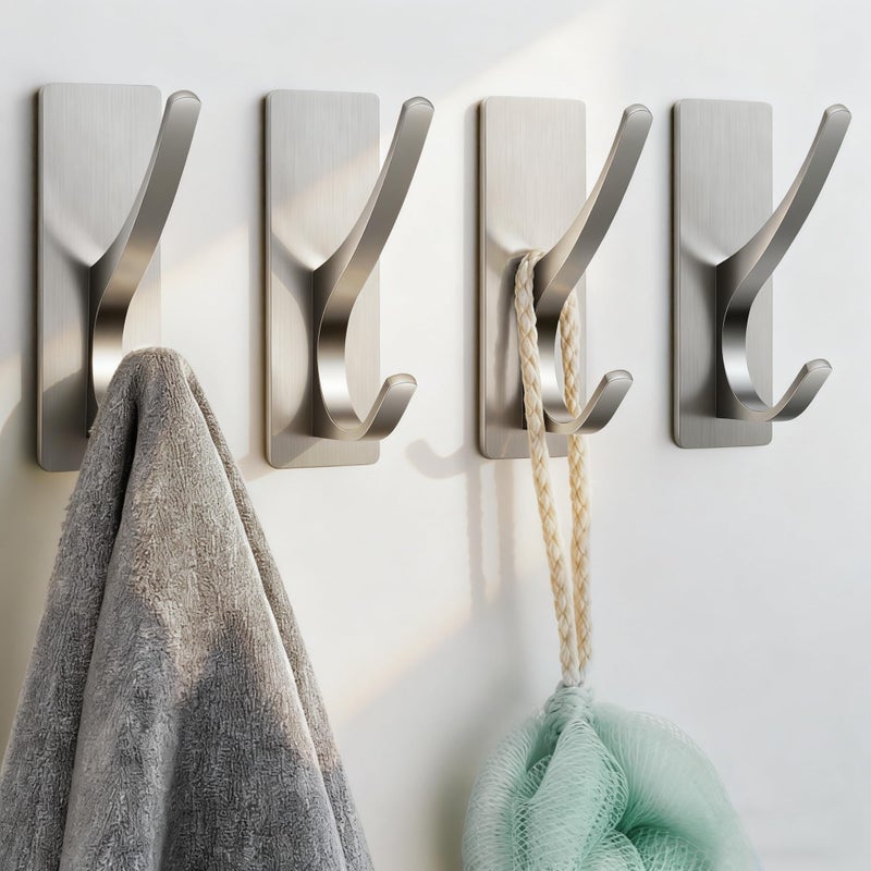 Josmimic Self Adhesive Towel Hooks Extra Strong 13LB Stainless Hook for Hanging Loofah Towels Coat Bath Robe Bathroom Shower Brushed Nickel 4 Pack
