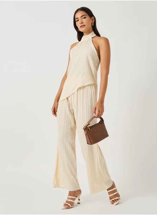 Take Two Take Two Textured Halter Neck Asymmetric Hem Top and Wide Leg Pants Co-Ords
