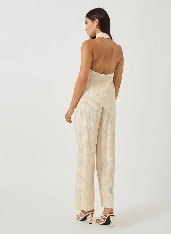 Take Two Textured Halter Neck Asymmetric Hem Top and Wide Leg Pants Co-Ords