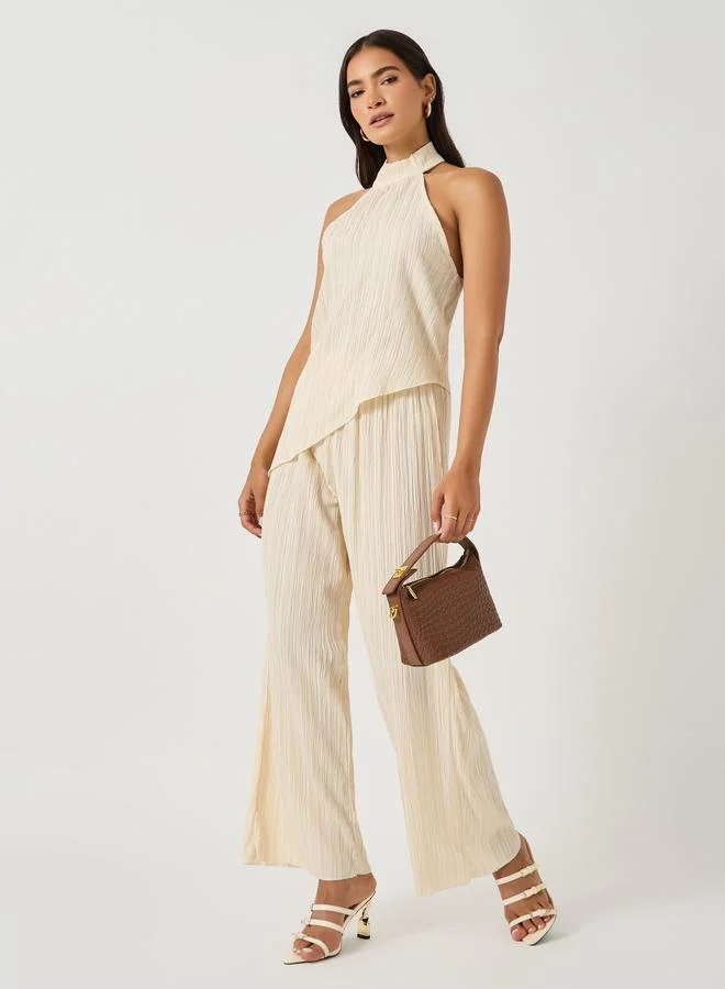 Take Two Textured Halter Neck Asymmetric Hem Top and Wide Leg Pants Co-Ords