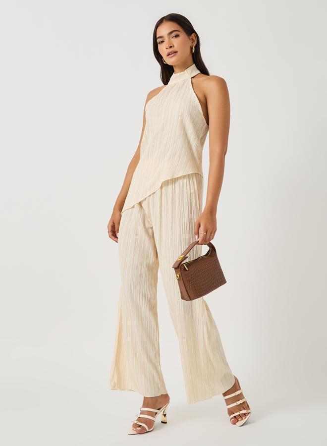 Take Two Textured Halter Neck Asymmetric Hem Top And Wide Leg Pants Co-Ords - Image 1