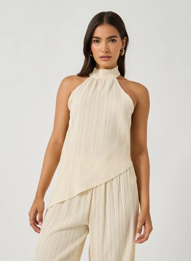 Take Two Textured Halter Neck Asymmetric Hem Top and Wide Leg Pants Co-Ords