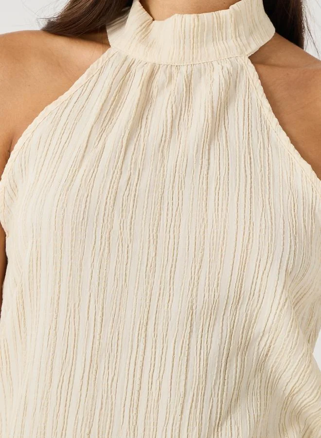 Take Two Textured Halter Neck Asymmetric Hem Top and Wide Leg Pants Co-Ords